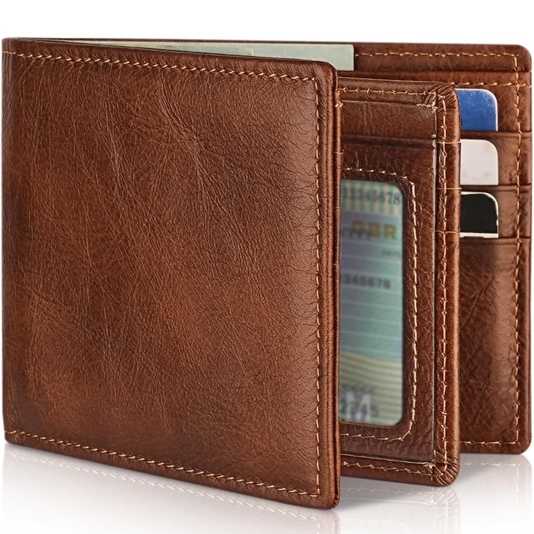 Slim Bifold Wallet for Men - Genuine Leather, RFID Protection, 13 Card Slots, ID Window