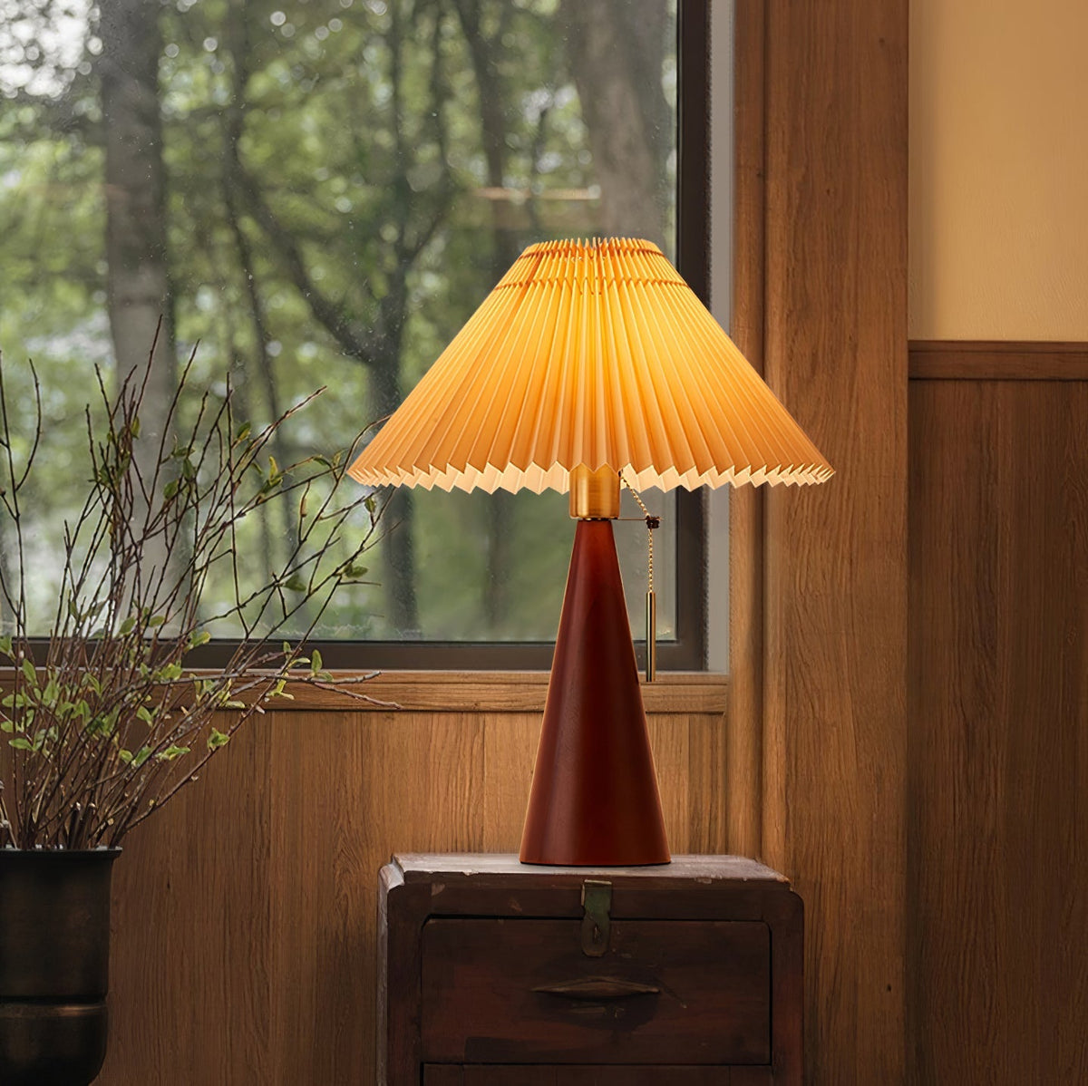 Wooden Base Table Lamp with Pleated Shade