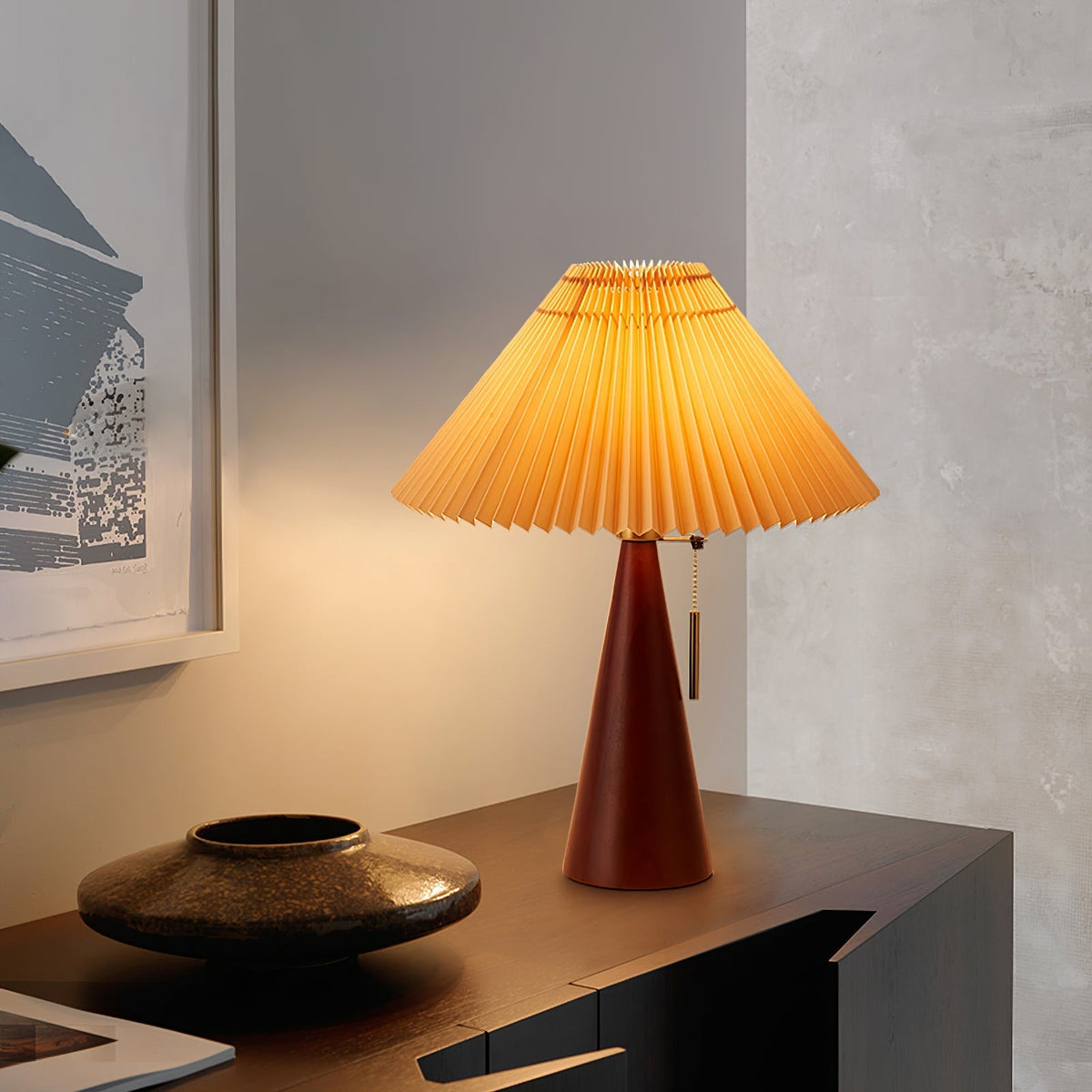 Wooden Base Table Lamp with Pleated Shade
