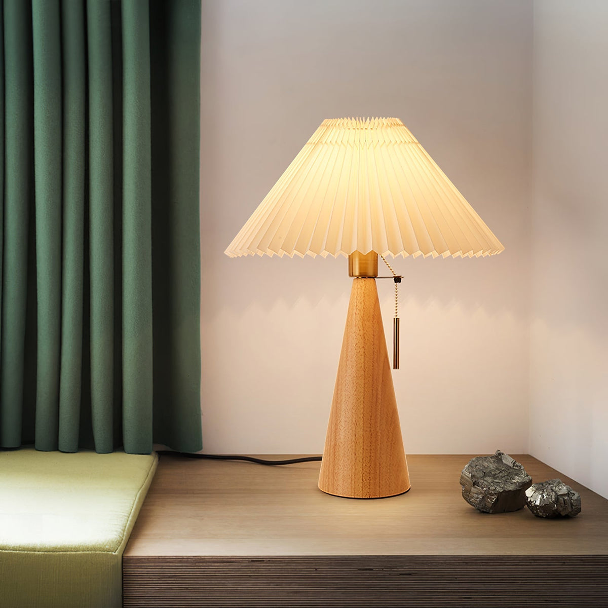 Wooden Base Table Lamp with Pleated Shade