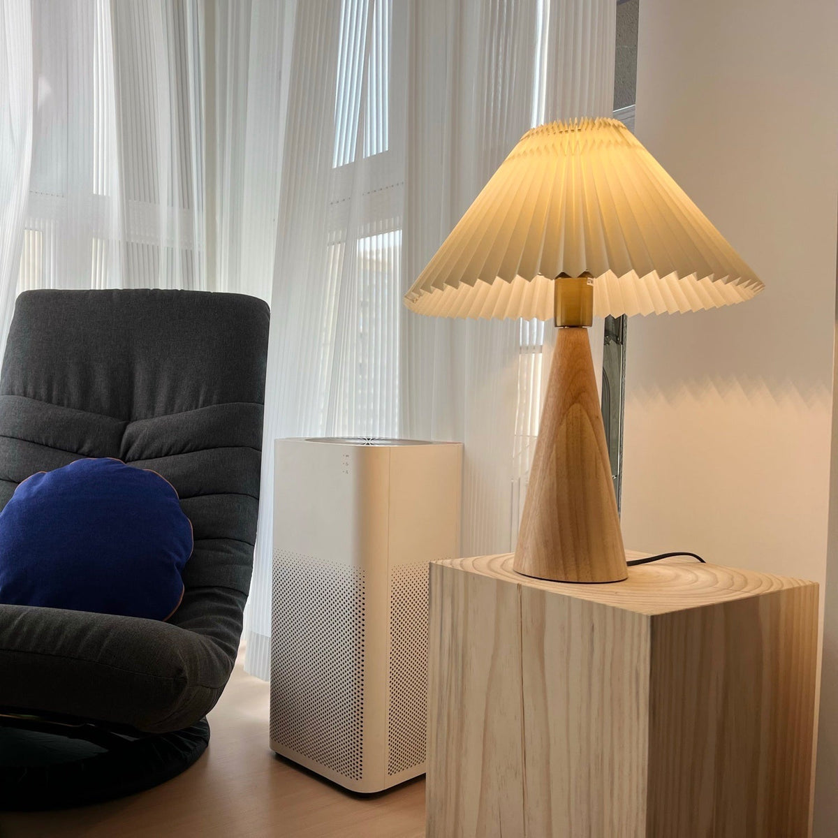 Wooden Base Table Lamp with Pleated Shade