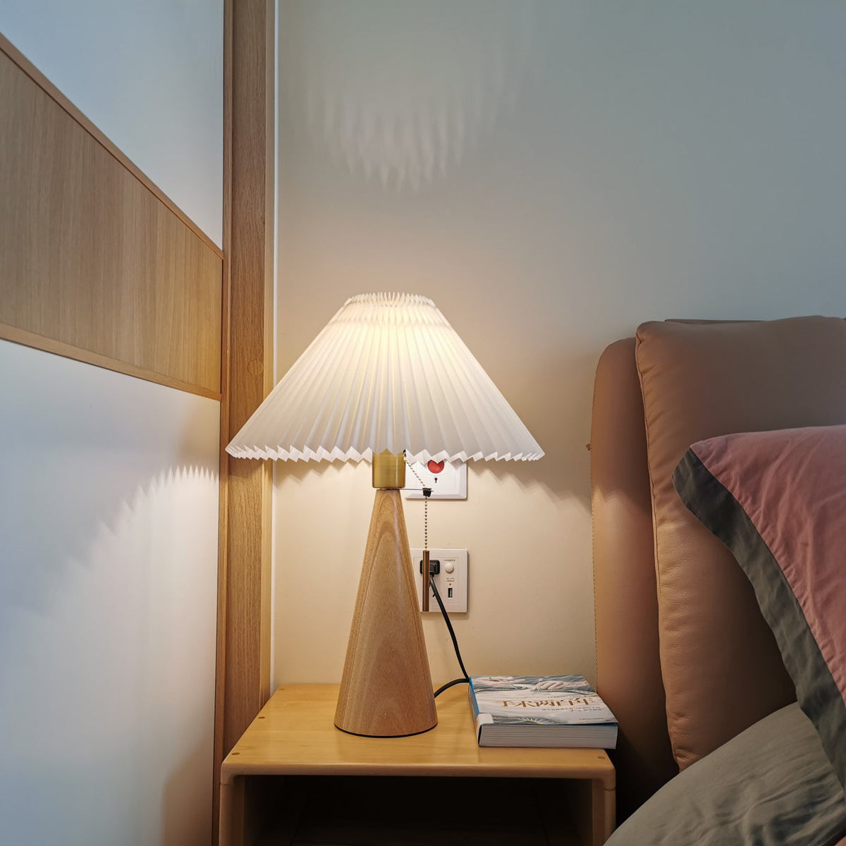 Wooden Base Table Lamp with Pleated Shade