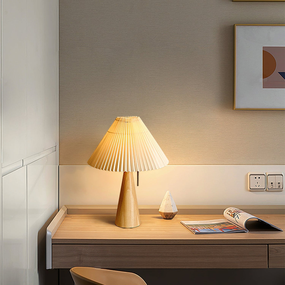 Wooden Base Table Lamp with Pleated Shade