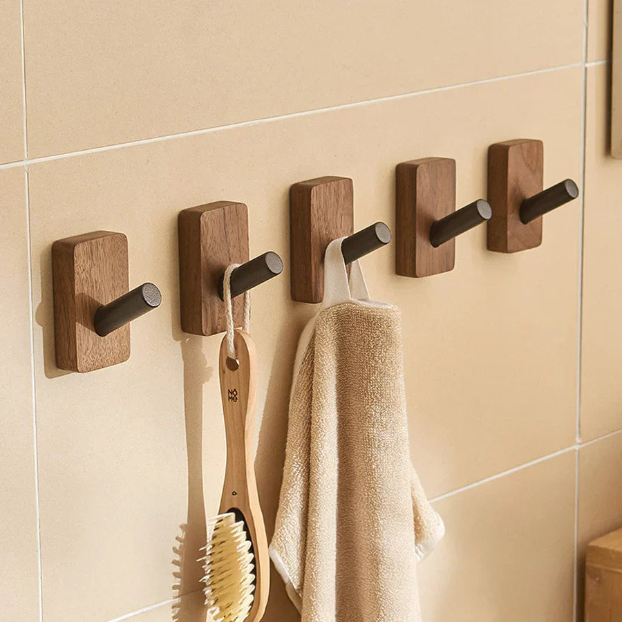 Self-Adhesive Wood and Metal Wall Hook Rack for Efficient Organization