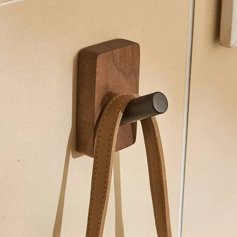 Self-Adhesive Wood and Metal Wall Hook Rack for Efficient Organization