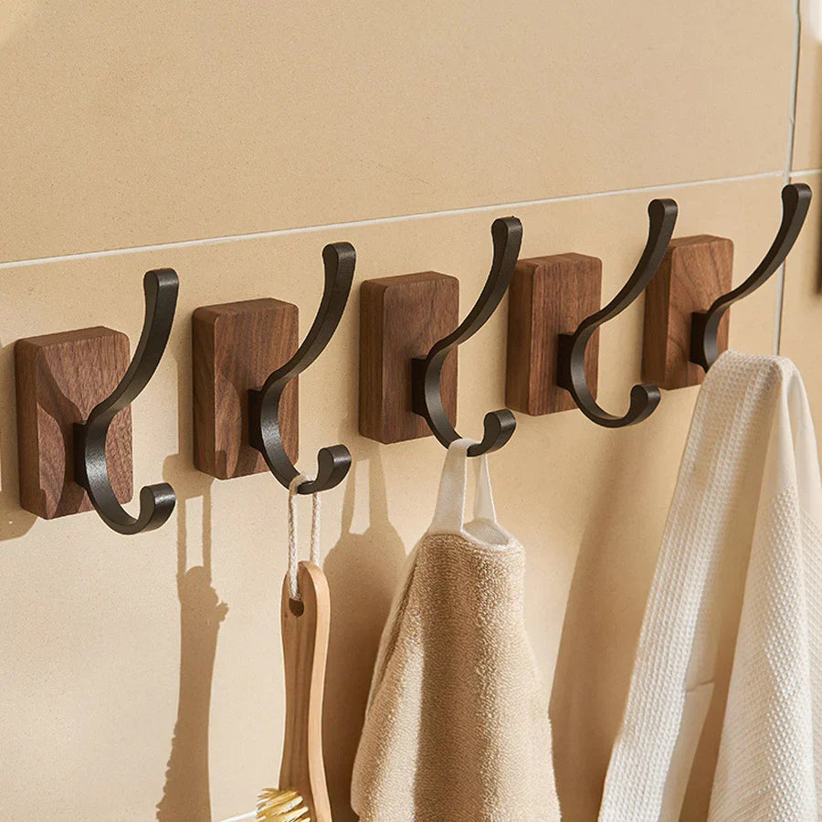 Self-Adhesive Wood and Metal Wall Hook Rack for Efficient Organization