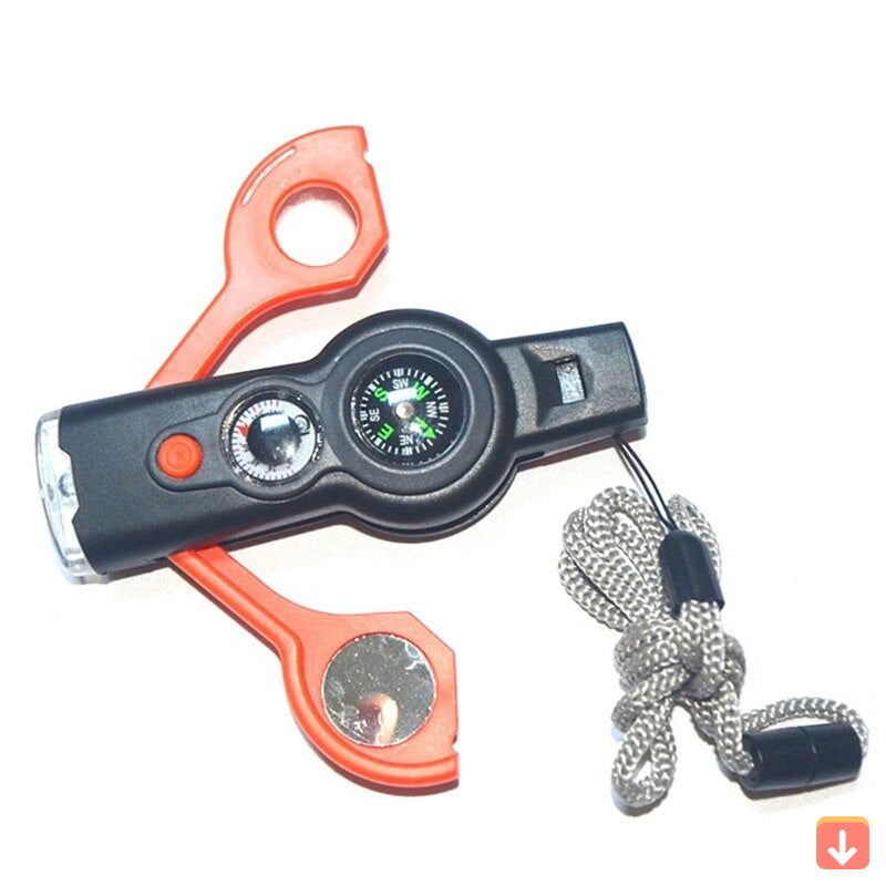 7-in-1 Multi Tool Whistle with LED Light for Hiking and Outdoor Use