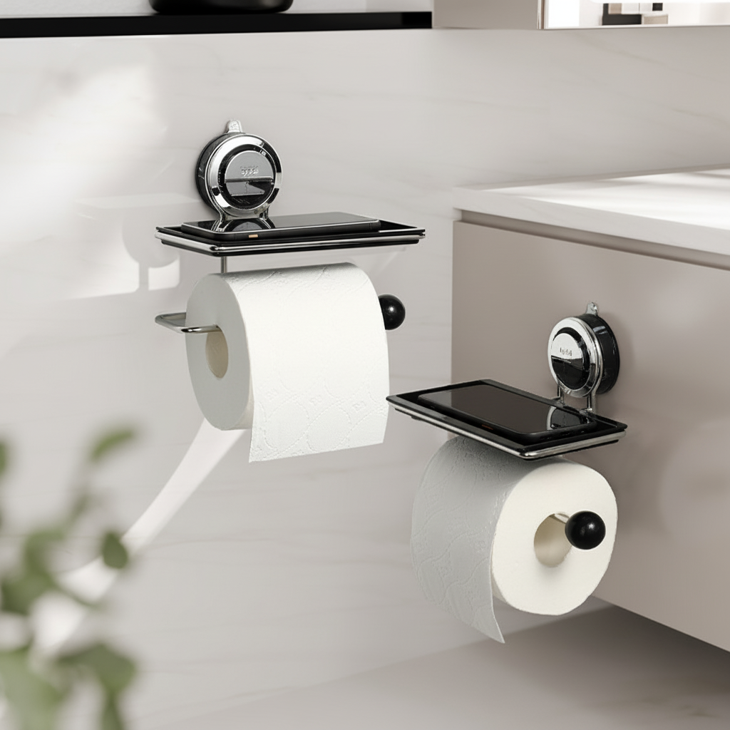 Wall-Mounted Toilet Paper Holder with Adhesive Installation