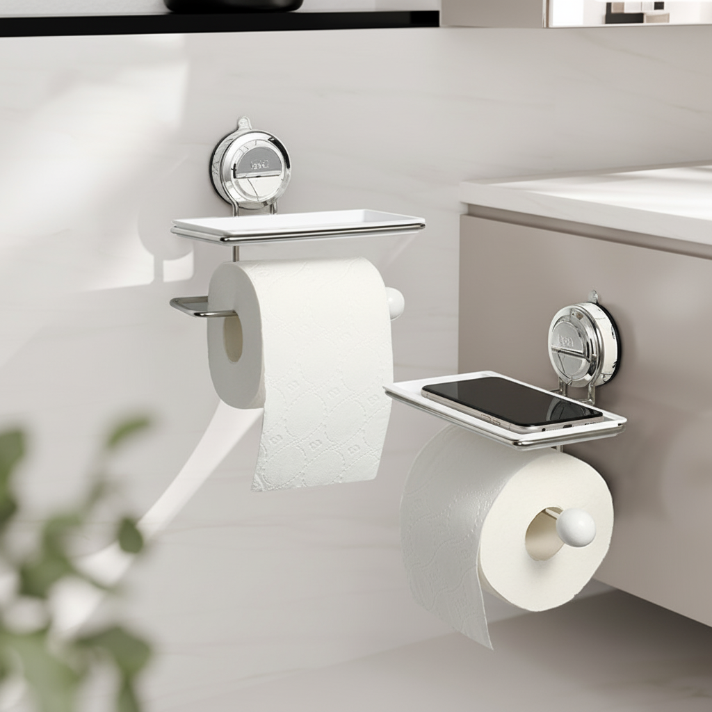 Wall-Mounted Toilet Paper Holder with Adhesive Installation