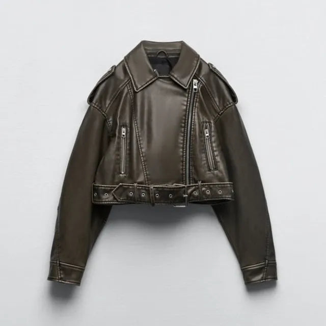 Women's Cropped Faux Leather Biker Jacket | Adjustable Belt & Silver Accents | Versatile Streetwear