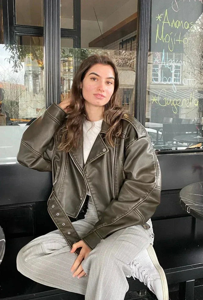 Women's Cropped Faux Leather Biker Jacket | Adjustable Belt & Silver Accents | Versatile Streetwear