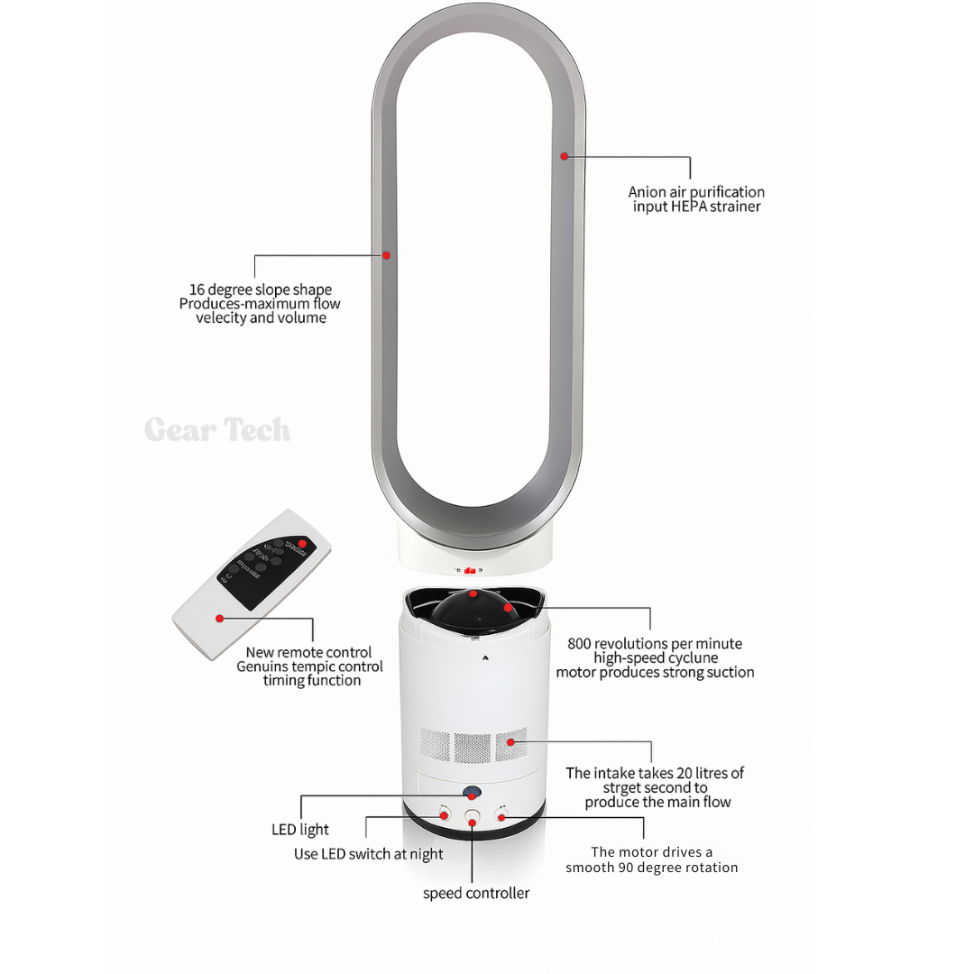 16-Inch Bladeless Fan | Remote Control | Wide Oscillation & Adjustable Speed | Child-Safe Design