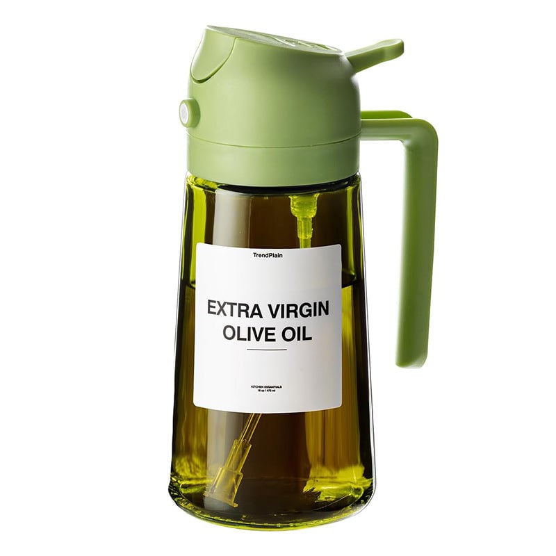 2-in-1 Oil Sprayer & Dispenser | Wide-Mouth Pump & Pour Spout | Glass Bottle | 470ml Capacity