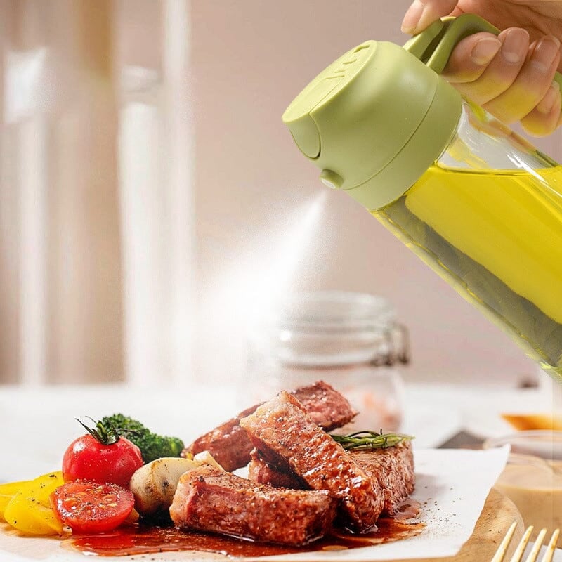 2-in-1 Oil Sprayer & Dispenser | Wide-Mouth Pump & Pour Spout | Glass Bottle | 470ml Capacity