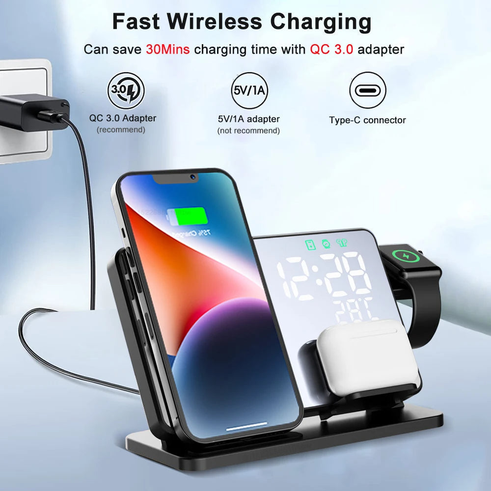 3-in-1 Wireless Charging Station | Qi Fast Charge & Smartwatch Dock | Integrated Alarm Clock
