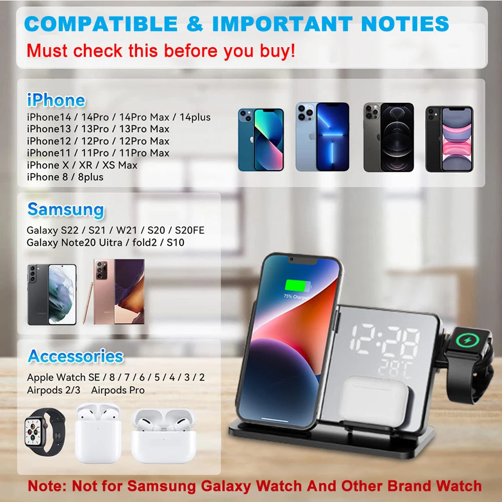3-in-1 Wireless Charging Station | Qi Fast Charge & Smartwatch Dock | Integrated Alarm Clock