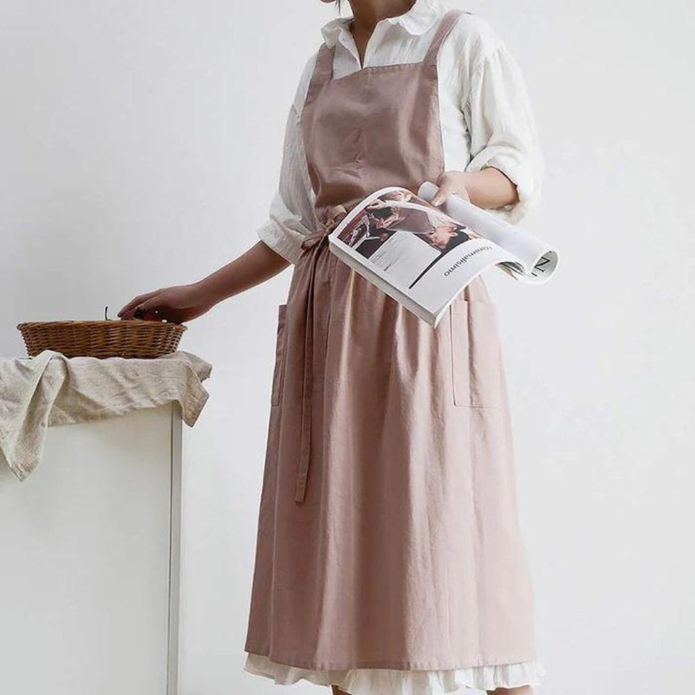 Apron | Cross-Back Design | Cotton with Front Pockets | Kitchen & Café Use