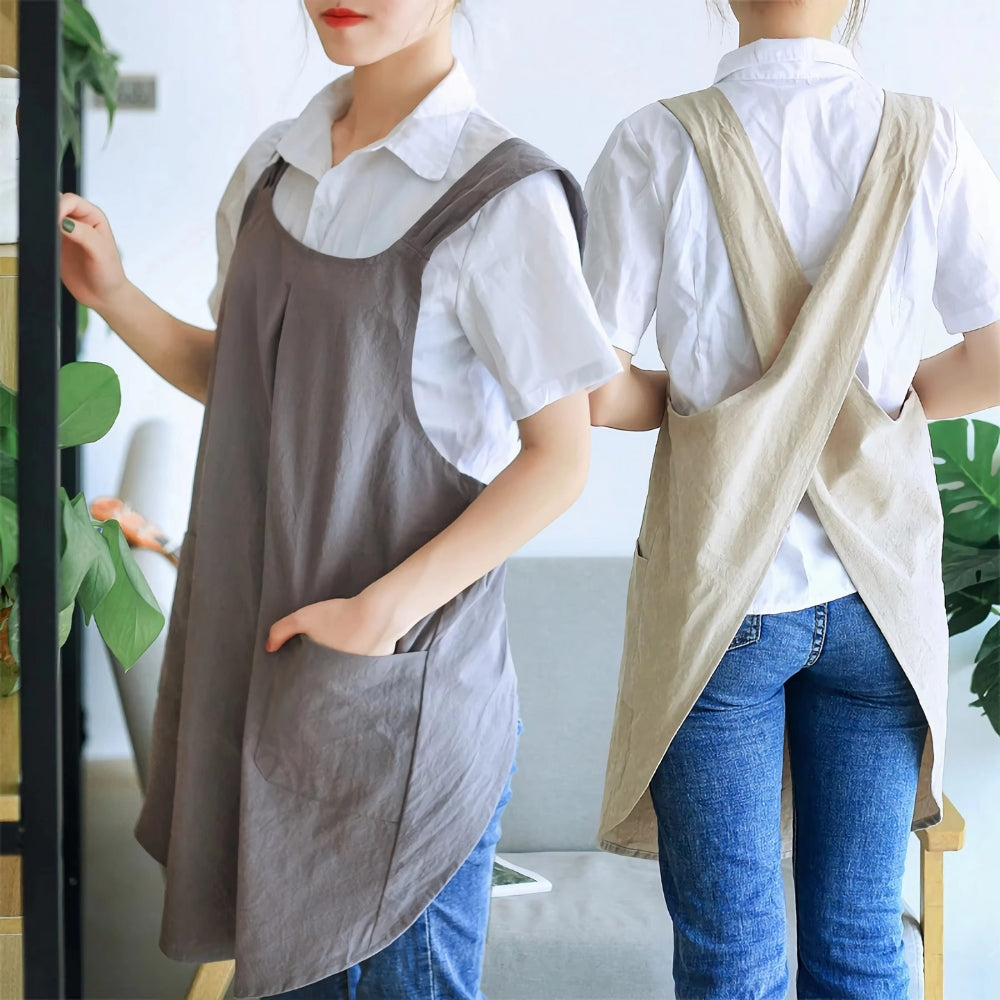 Apron | Korean-Inspired Cross-Back Design | Two Front Pockets | Comfortable Fit