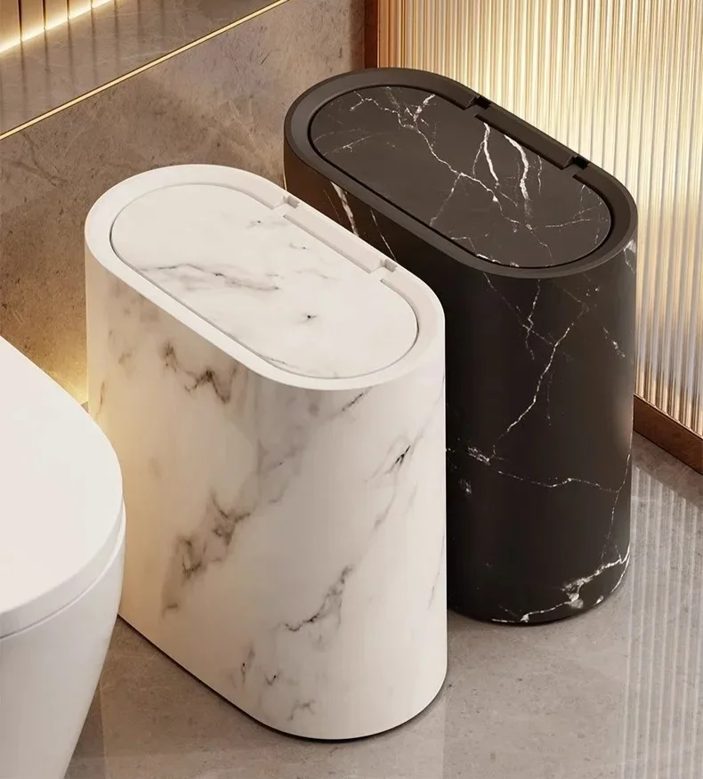 Bathroom Trash Can | Nordic Marble Finish | Push-Top Lid | Space-Saving Slim Elliptical Shape