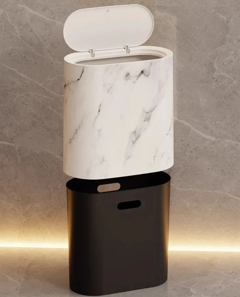 Bathroom Trash Can | Nordic Marble Finish | Push-Top Lid | Space-Saving Slim Elliptical Shape