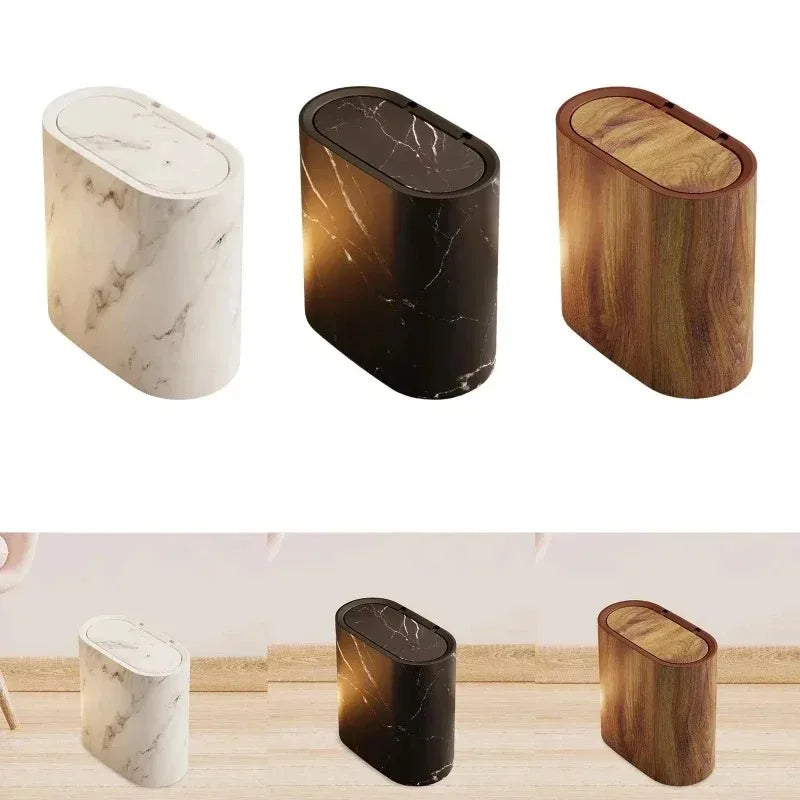 Bathroom Trash Can | Push-Top Lid | Nordic Marble Design | Space-Saving Lightweight Build