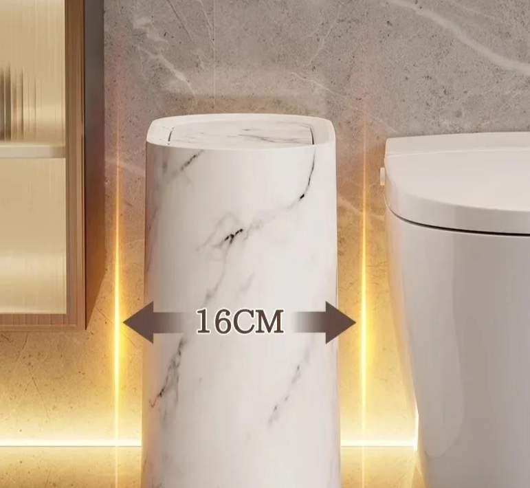 Bathroom Trash Can | Push-Top Lid | Nordic Marble Design | Space-Saving Lightweight Build