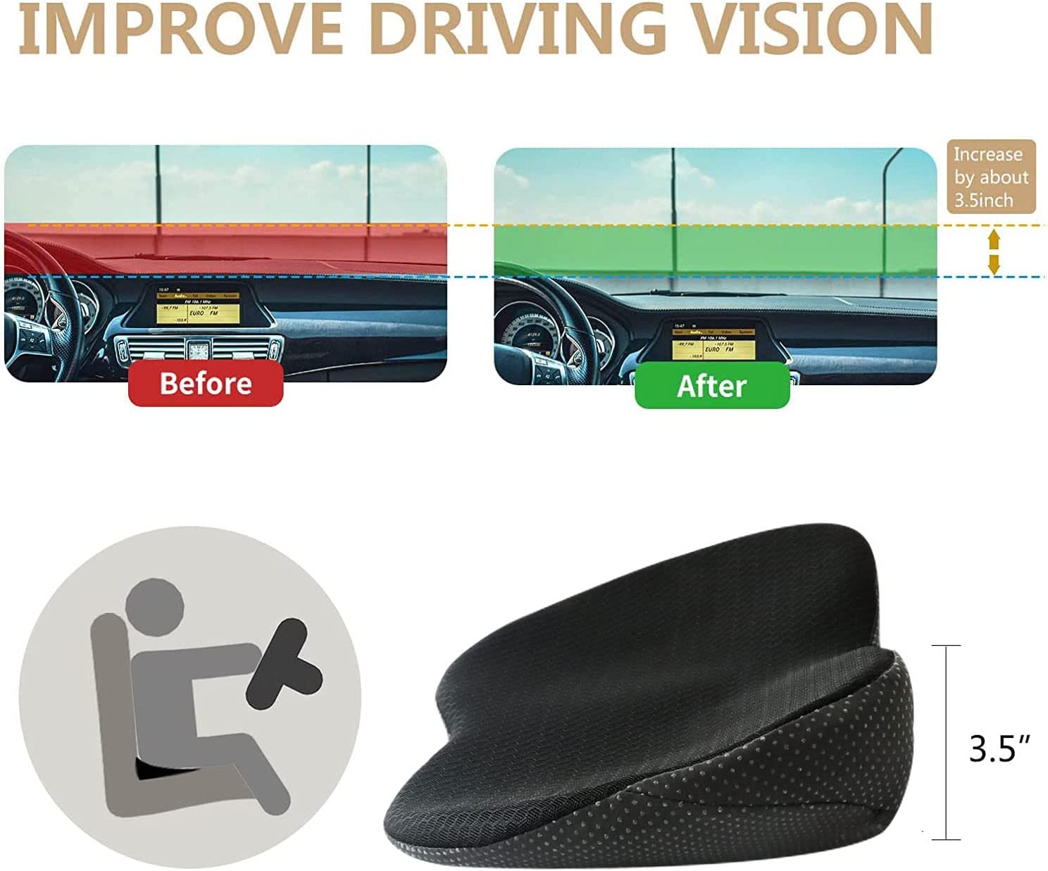 Car Booster Seat Cushion for Adults | Memory Foam Lumbar Support | 3.5 in Height Boost