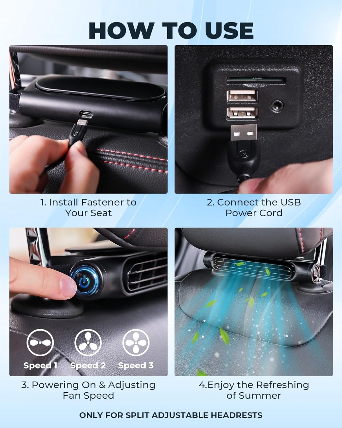 Car Cooling Fan | Bladeless Headrest Mount | USB-Powered 2-Pack