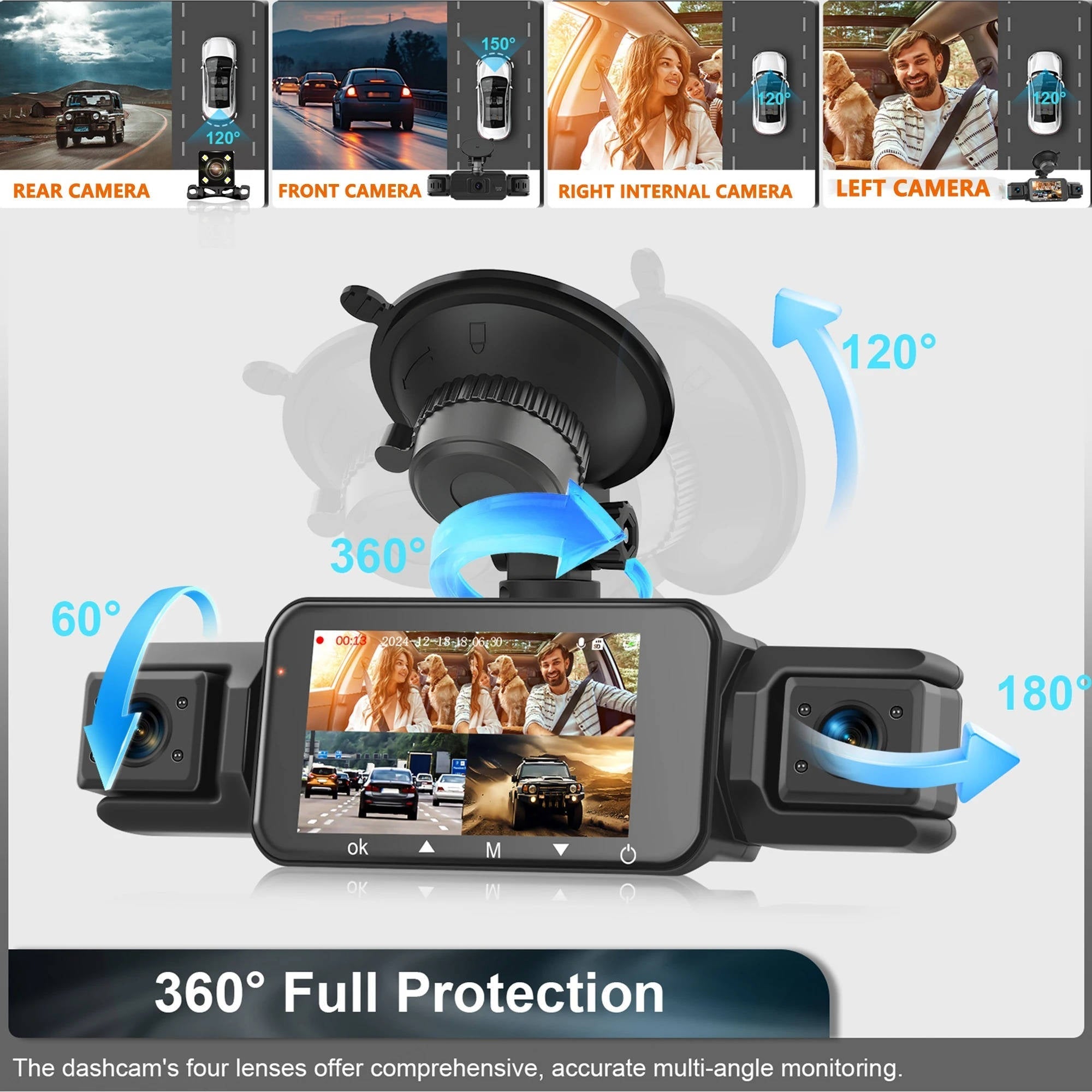 Car Dash Cam | 4-Camera Front & Rear with Night Vision | WiFi App & Loop Recording