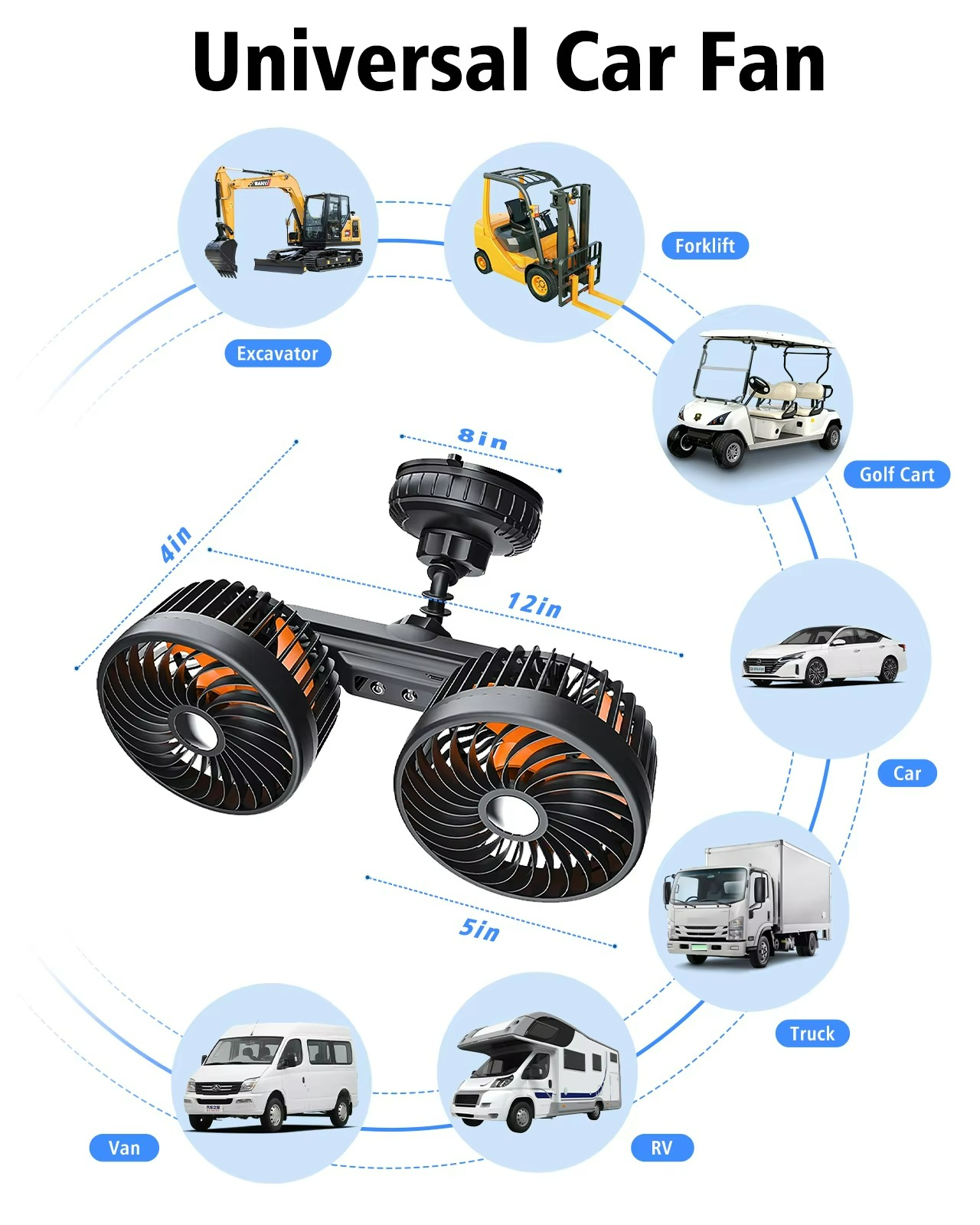 Car Fan | Long Battery Life & Adjustable Speeds | Suction Mount & USB Rechargeable