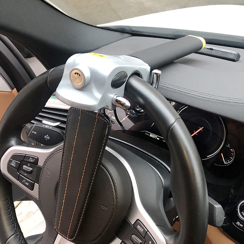 Car Steering Wheel Lock | Heavy-Duty Three-Directional Lock | Leather Padding & Adjustable Fit