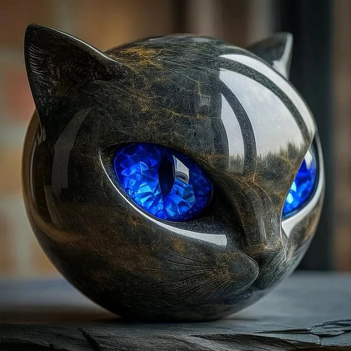 Cat Head Sculpture | Hypnotic Eyes | Glossy Marble Look