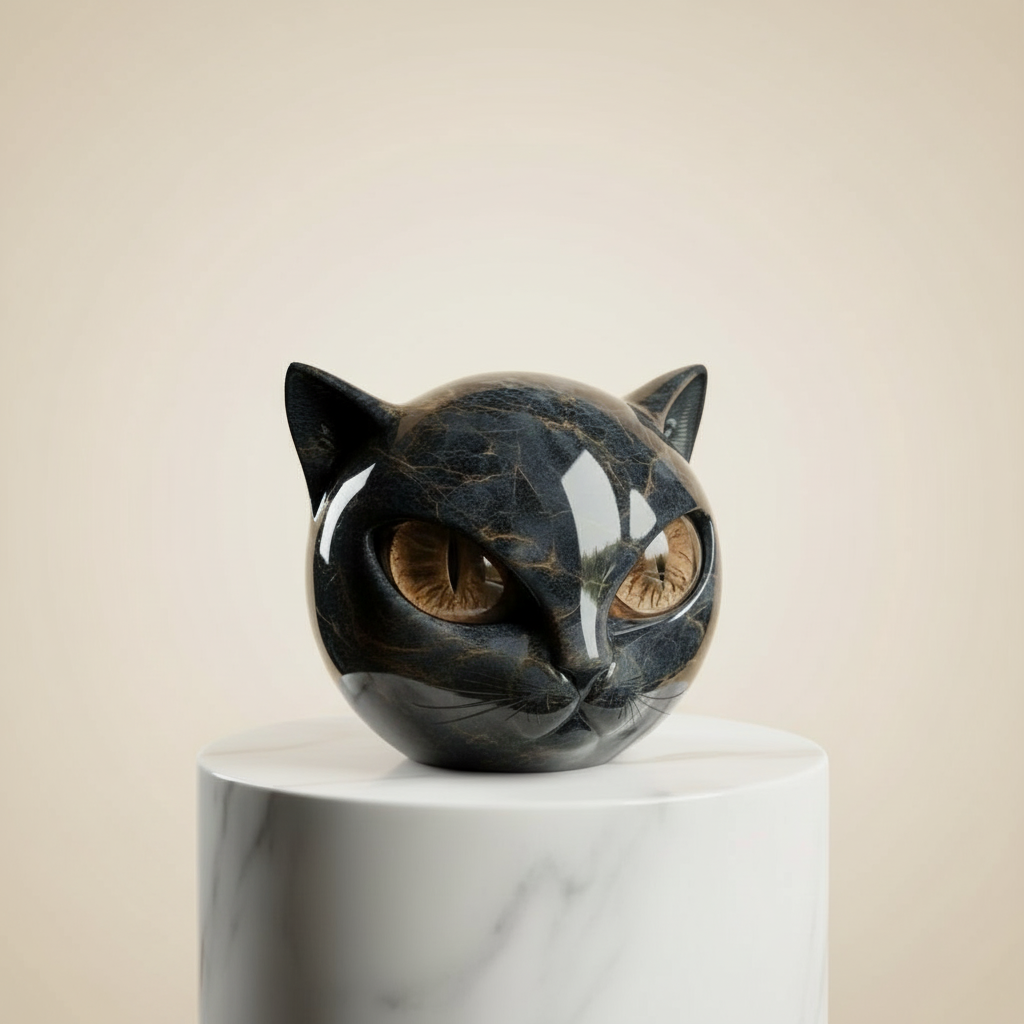 Cat Head Sculpture | Hypnotic Eyes | Glossy Marble Look
