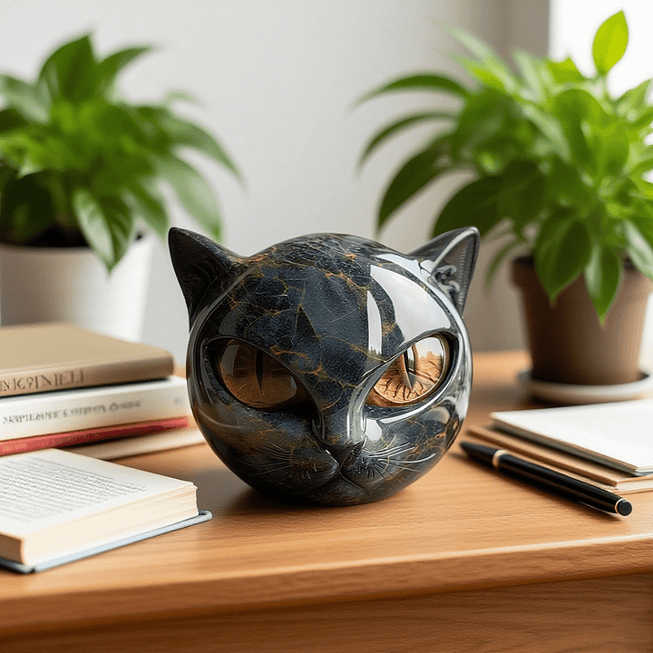 Cat Head Sculpture | Hypnotic Eyes | Glossy Marble Look