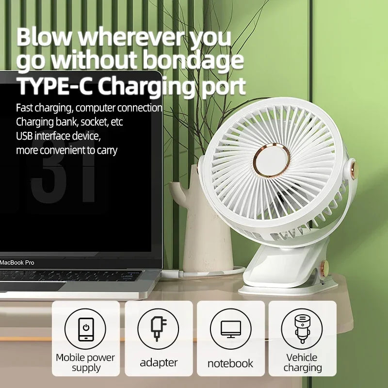 Clip-On Rechargeable Cooling Fan | Long Battery Life & USB-C Charging | LED Night Light