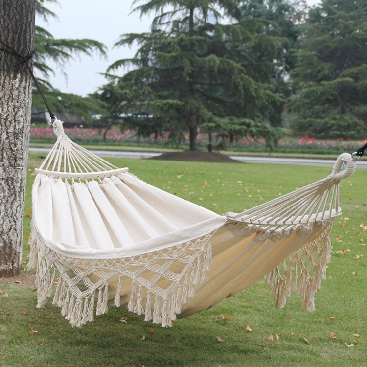 Double Camping Hammock | Fringed Cotton Canvas | 200x150cm Size & Removable Wooden Pole
