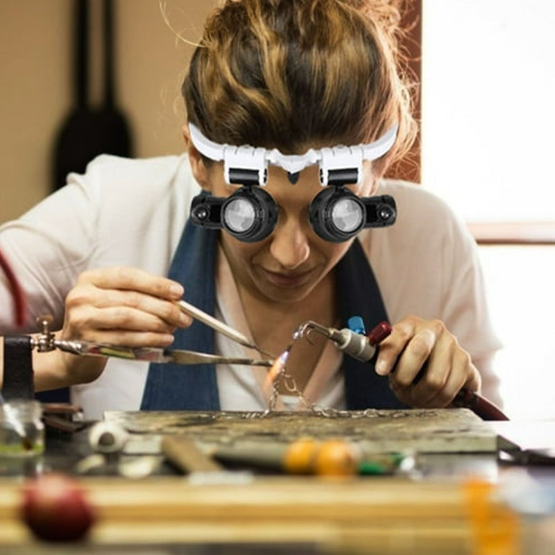 Dual-Eye Magnifying Glasses | Adjustable LED Lamps & Rotating Lenses | Up to 23x Magnification