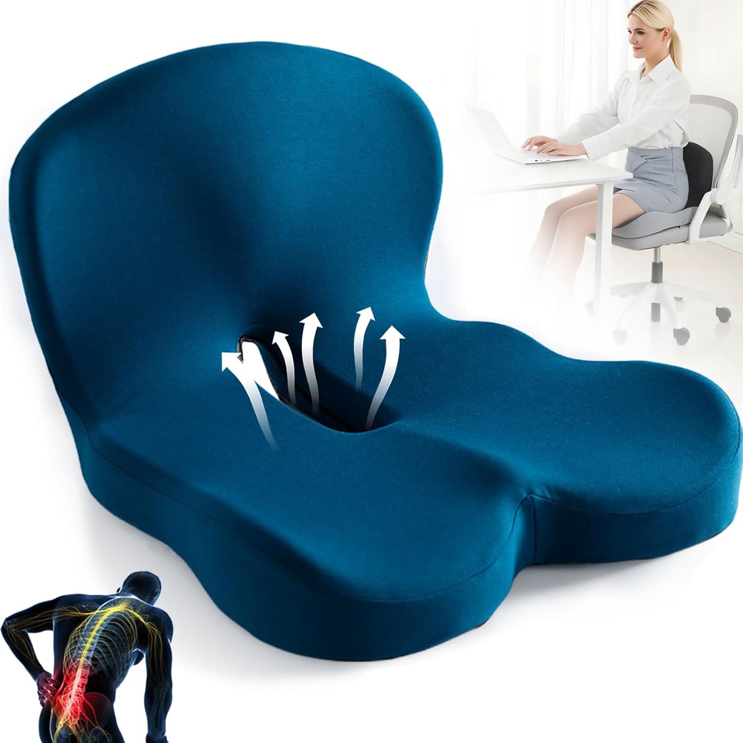 Ergonomic Seat Cushion | Contoured Memory Foam Lumbar Support | Non-Slip Base & Breathable Cover
