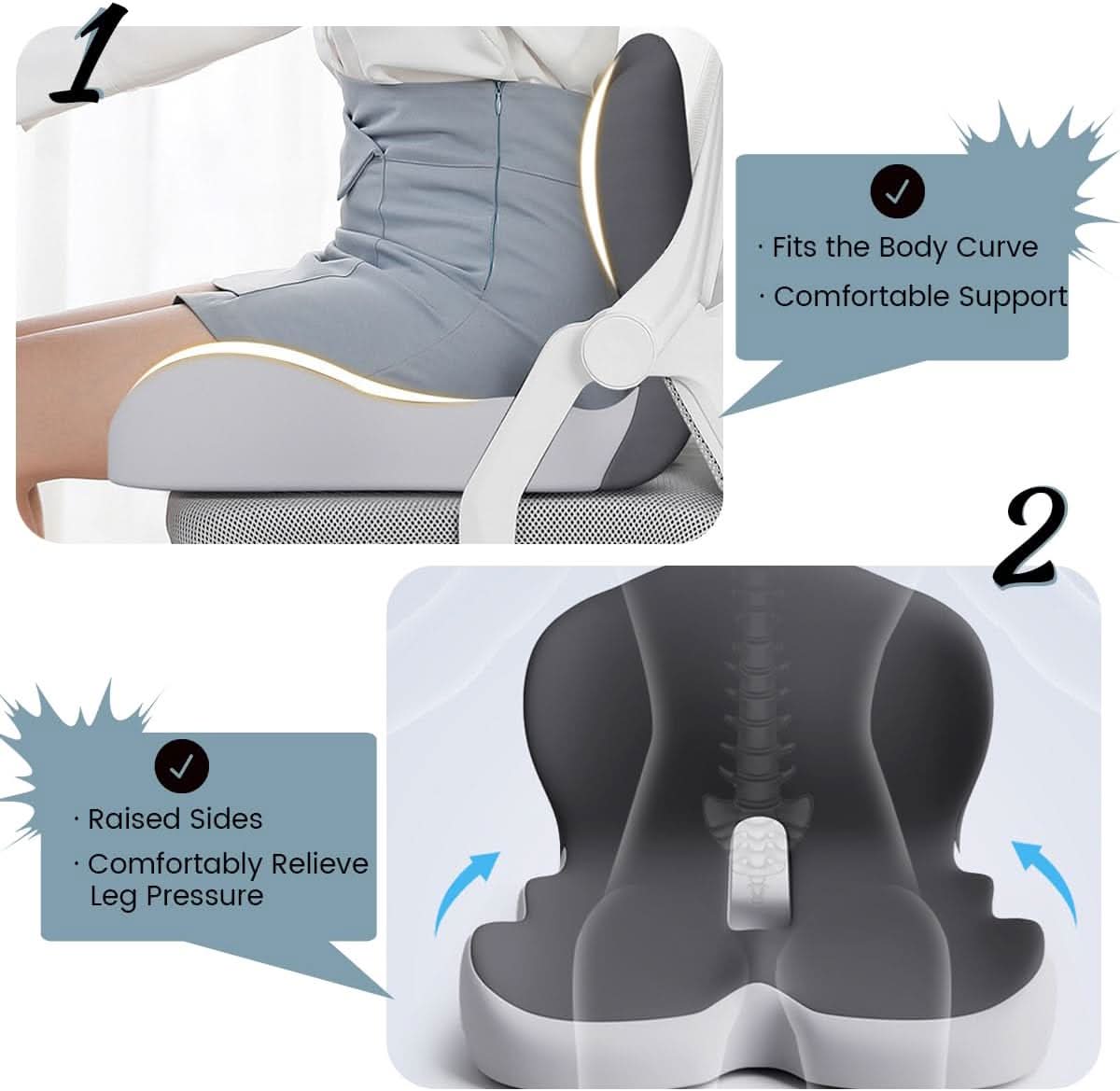 Ergonomic Seat Cushion | Contoured Memory Foam Lumbar Support | Non-Slip Base & Breathable Cover
