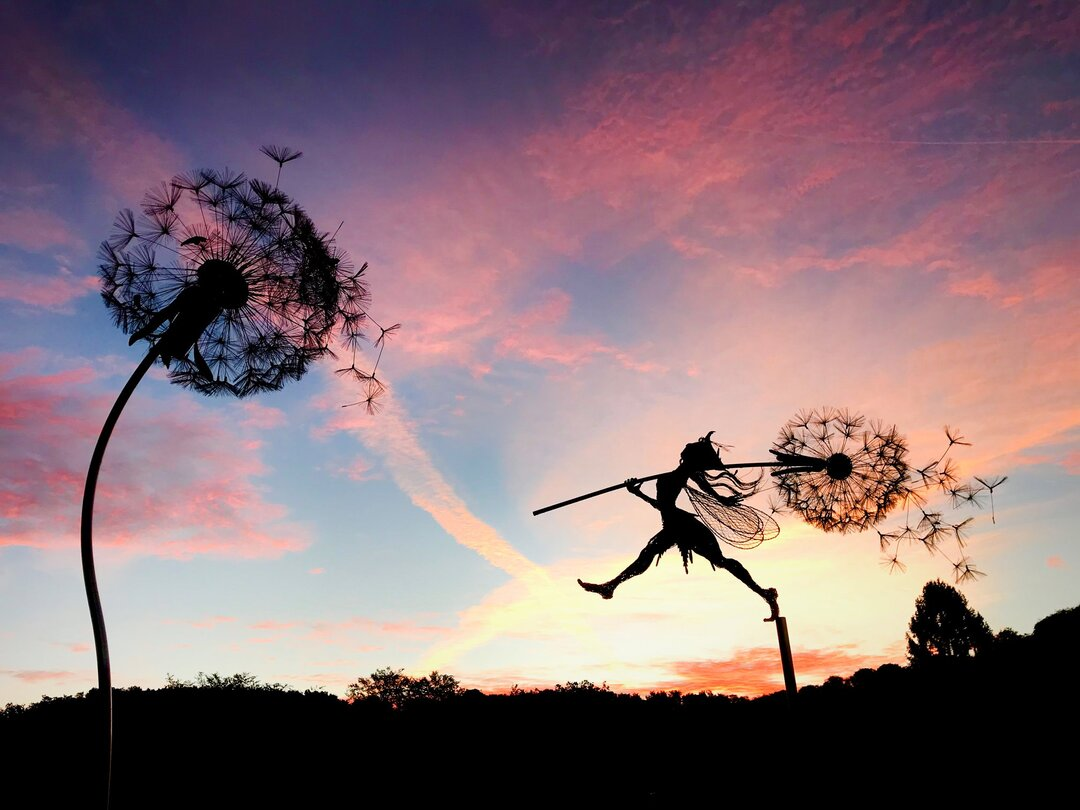 Fairy Garden Stake | Dancing Wind Spinner | Metal Dandelion & 31.5 in Stake | Whimsical Accent