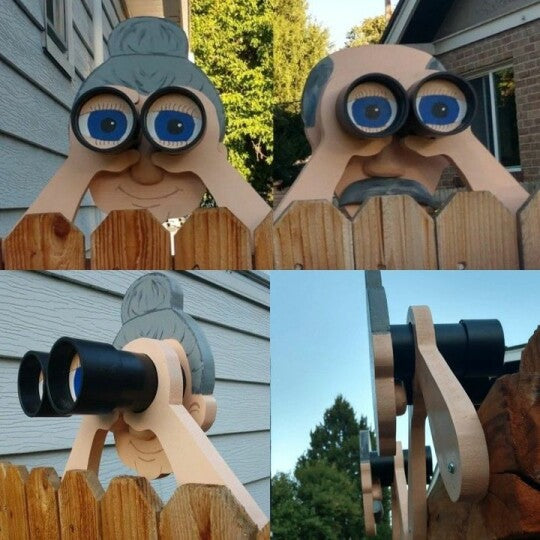 Fence Decoration | Nosy Couple Figurines | Handmade Pinewood & 11.8 in W | Weatherproof Finish