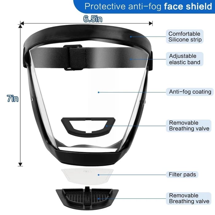Full Face Shield | Large Wrap-Around Transparent | Anti-Fog | Comfortable Fit