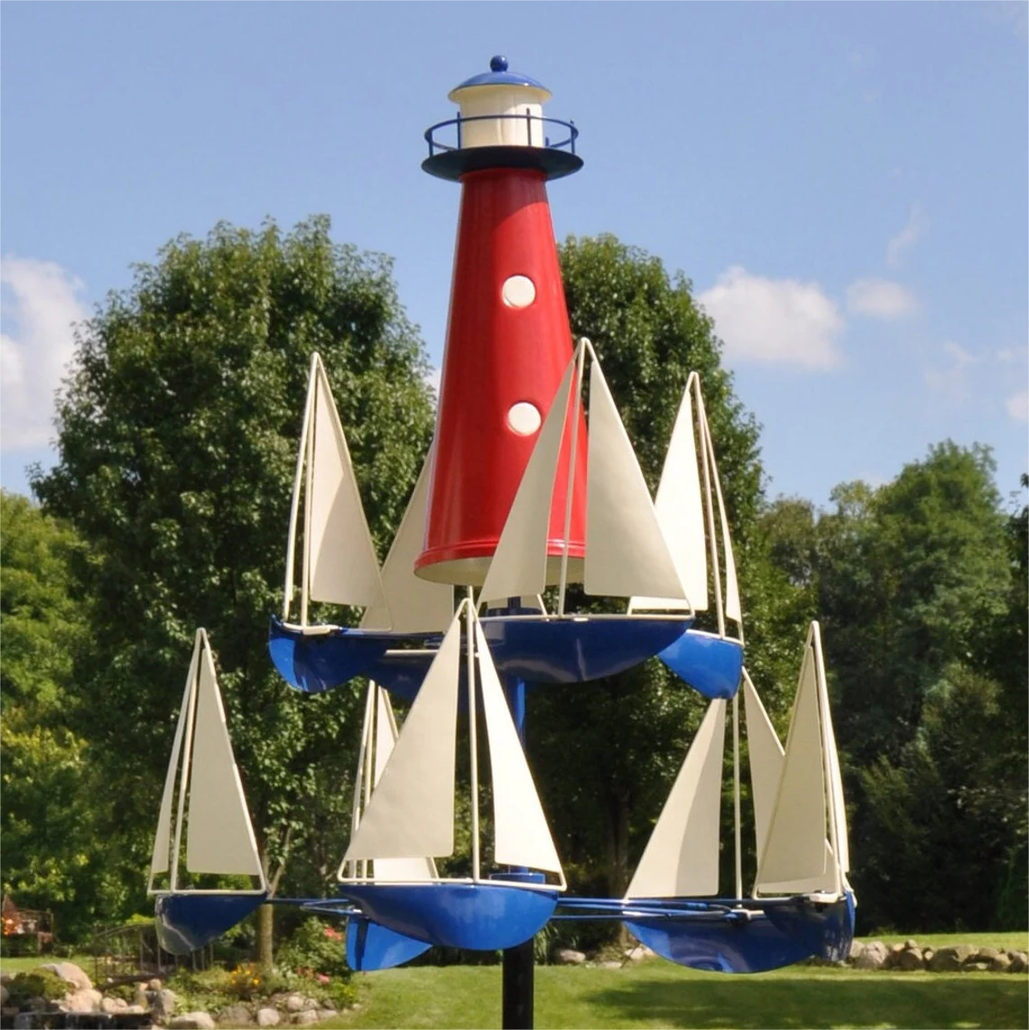 Garden Wind Spinner | Nautical Kinetic Sculpture with Spinning Boats | 38 in Metal Yard Decor