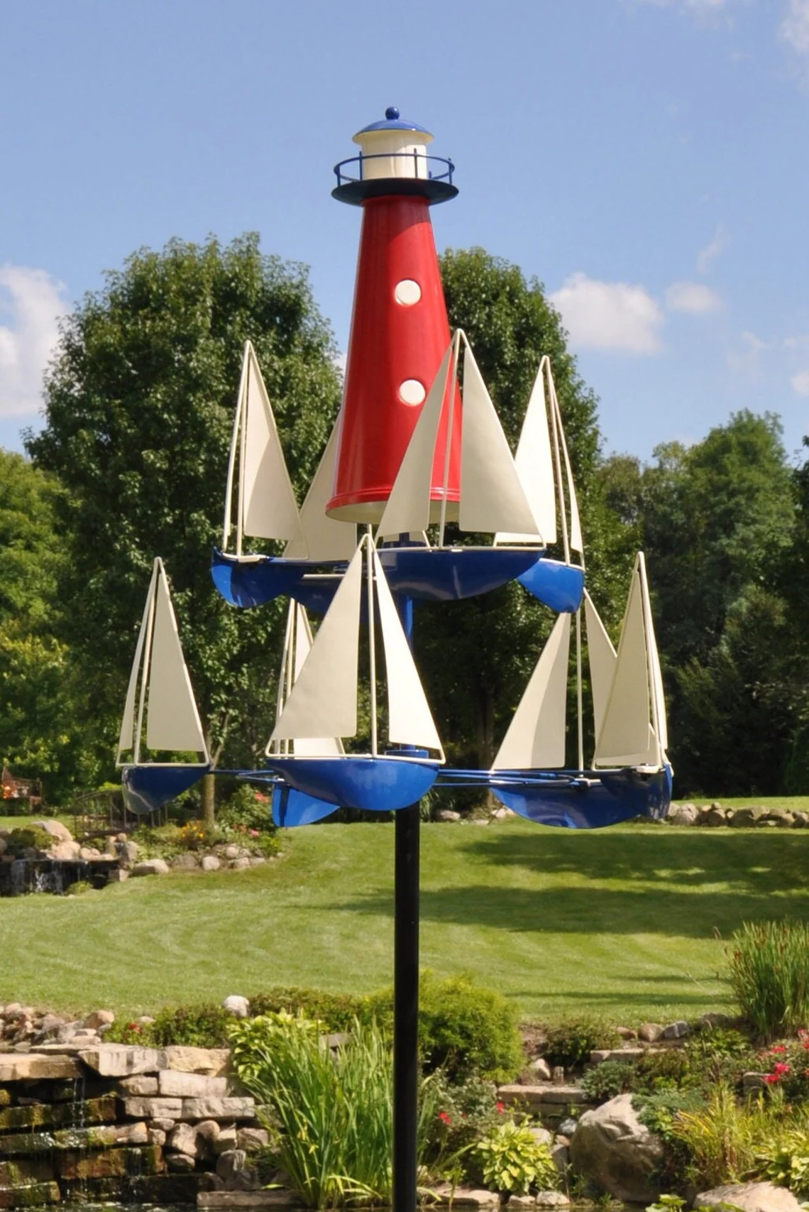 Garden Wind Spinner | Nautical Kinetic Sculpture with Spinning Boats | 38 in Metal Yard Decor