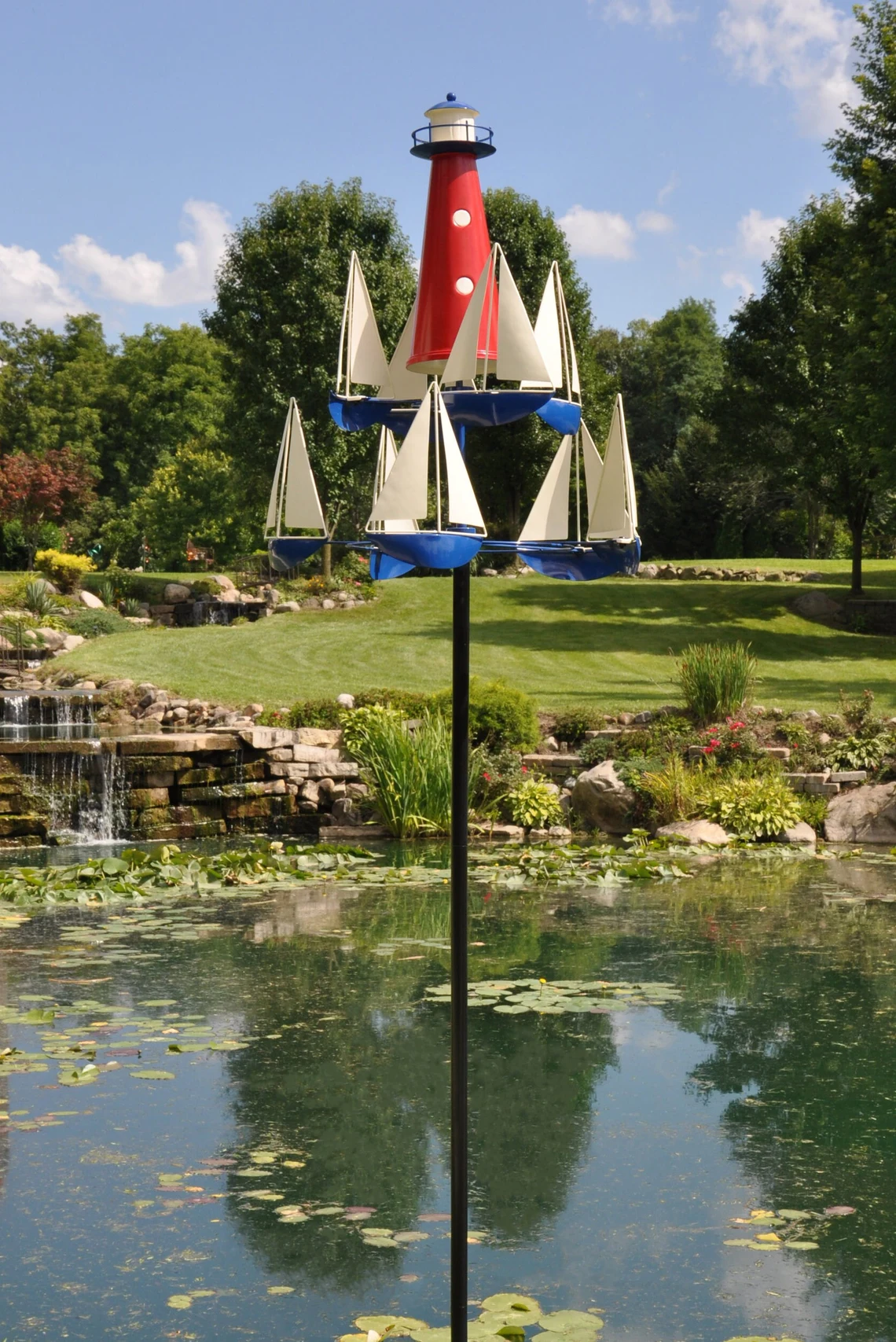 Garden Wind Spinner | Nautical Kinetic Sculpture with Spinning Boats | 38 in Metal Yard Decor