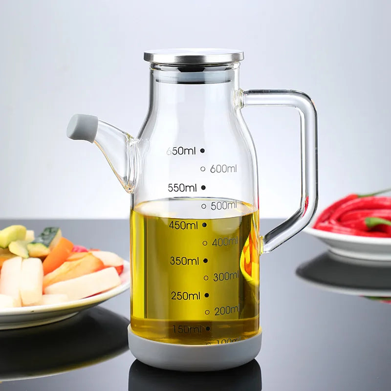 Glass Oil Dispenser Bottle | Measuring Scale Pour Spout | Leak-Proof Lid
