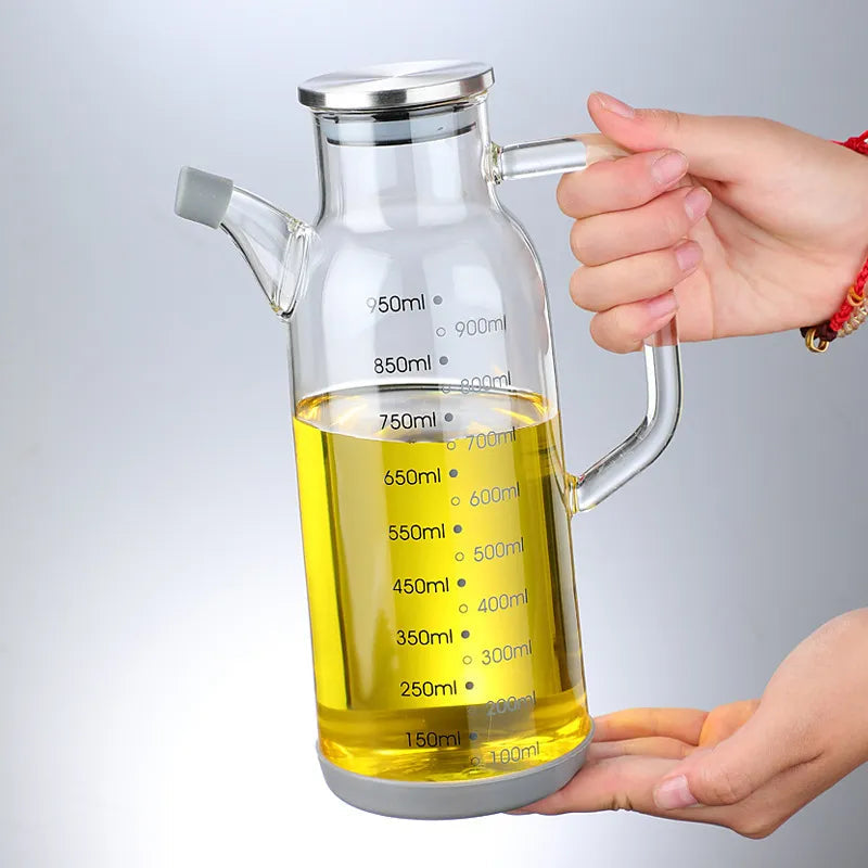 Glass Oil Dispenser Bottle | Measuring Scale Pour Spout | Leak-Proof Lid