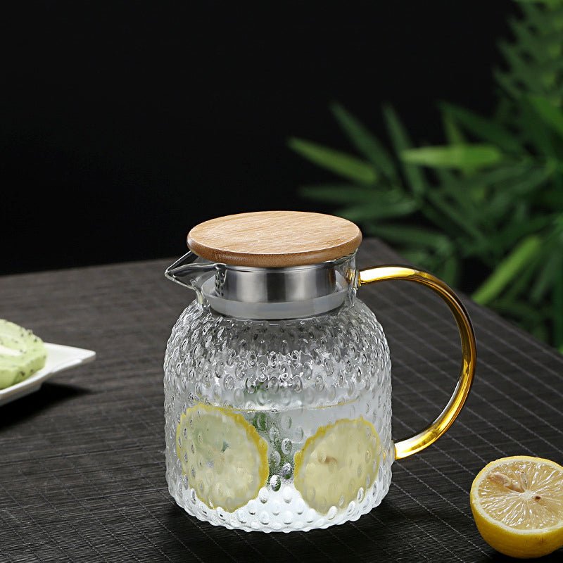 Glass Pitcher | Heat-Resistant Dimpled Design | Bamboo Lid & Strainer Spout | Hot & Cold Drinks