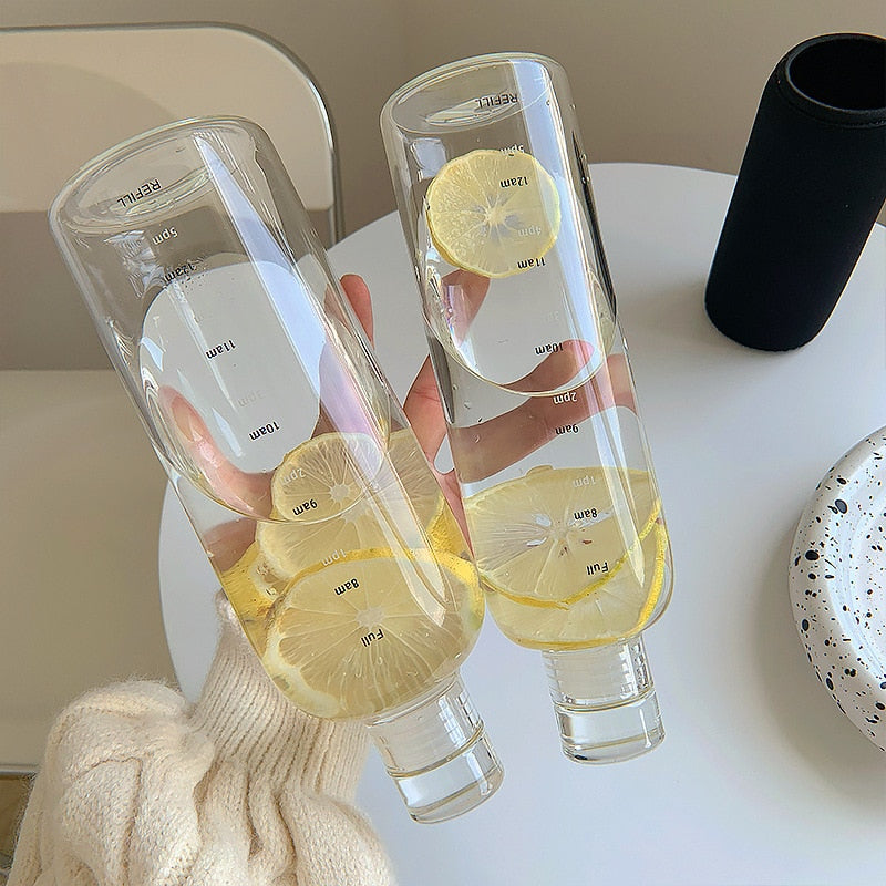 Glass Water Bottle | Time Scale Design | Temperature-Regulating | Leak-Proof Lid