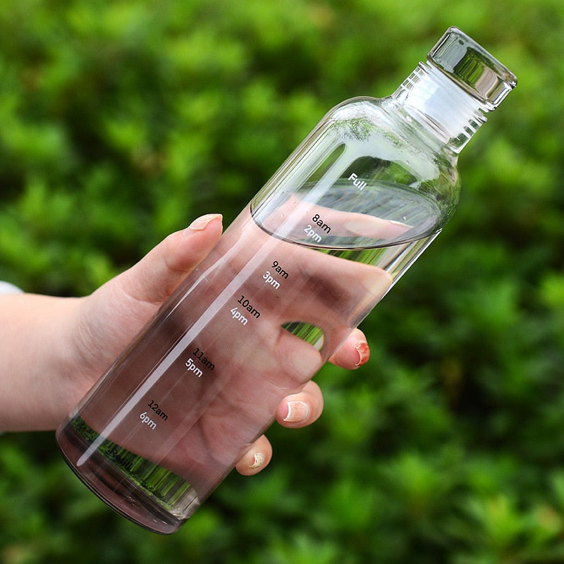 Glass Water Bottle | Time Scale Design | Temperature-Regulating | Leak-Proof Lid